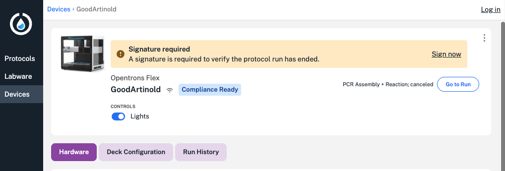 Sign for a protocol run before completing other actions.