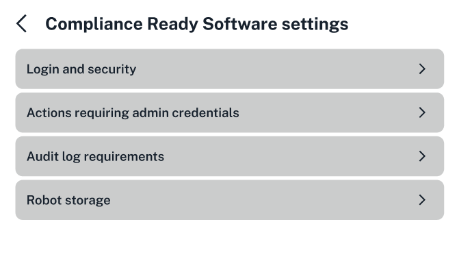 Image showing Compliance Ready Software Settings on the Flex touchscreen.