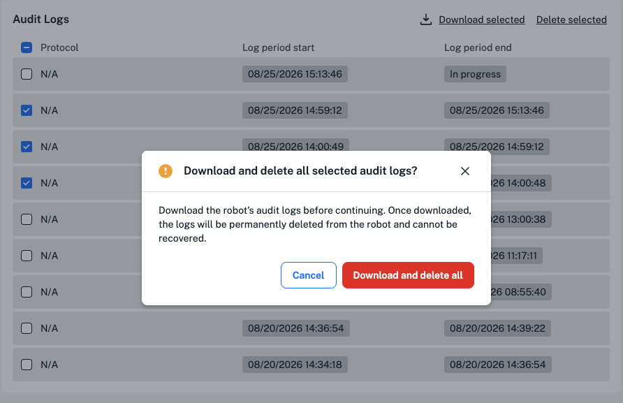 Download and delete selected audit logs.