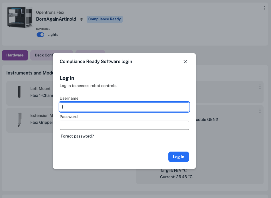 Image showing login in the Opentrons App.