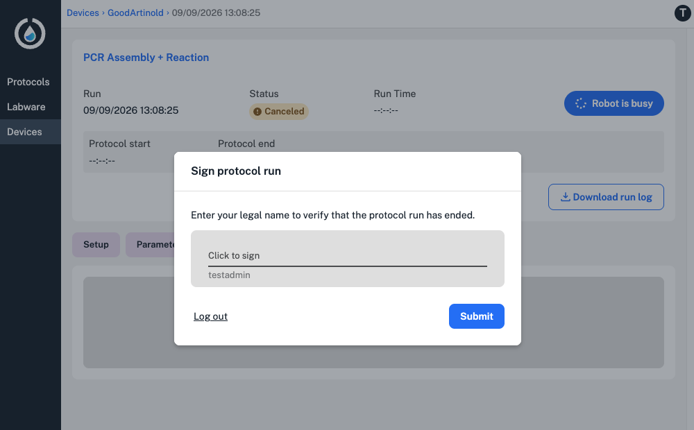 Sign for a protocol run in the Opentrons App.