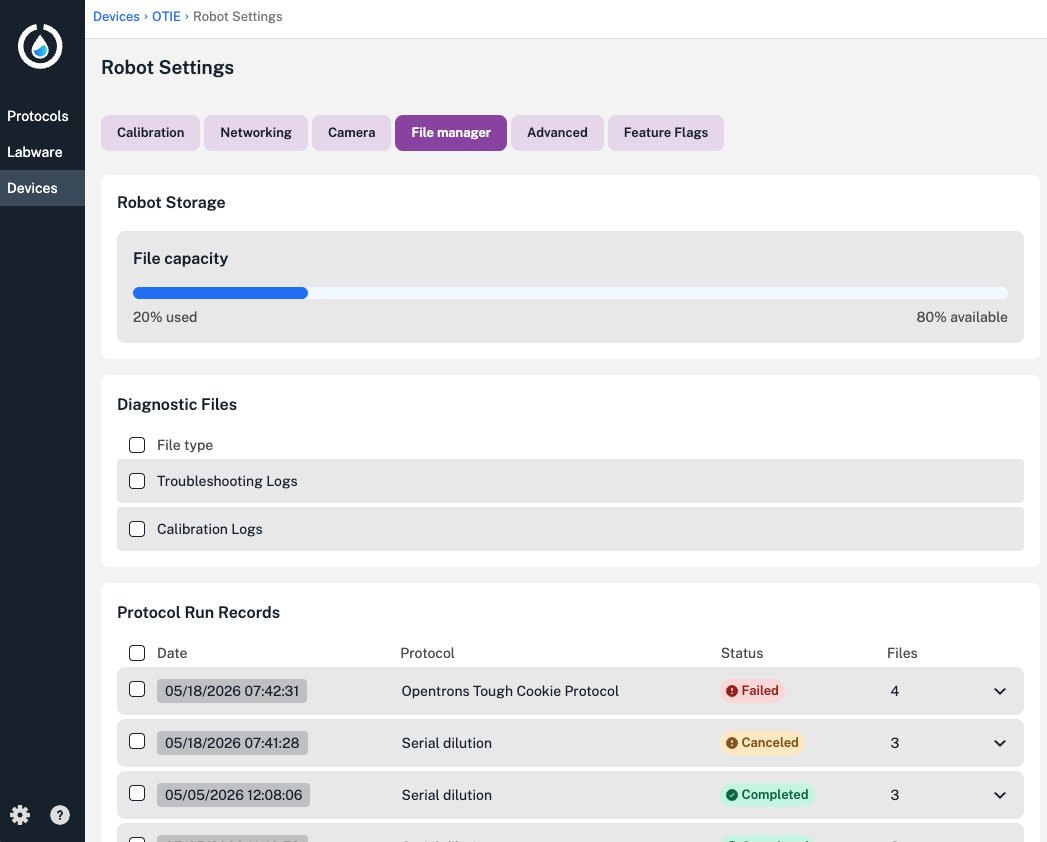 Example of File manager in the Opentrons App