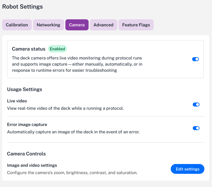 Other camera settings for video, image capture, and color/contrast adjustments