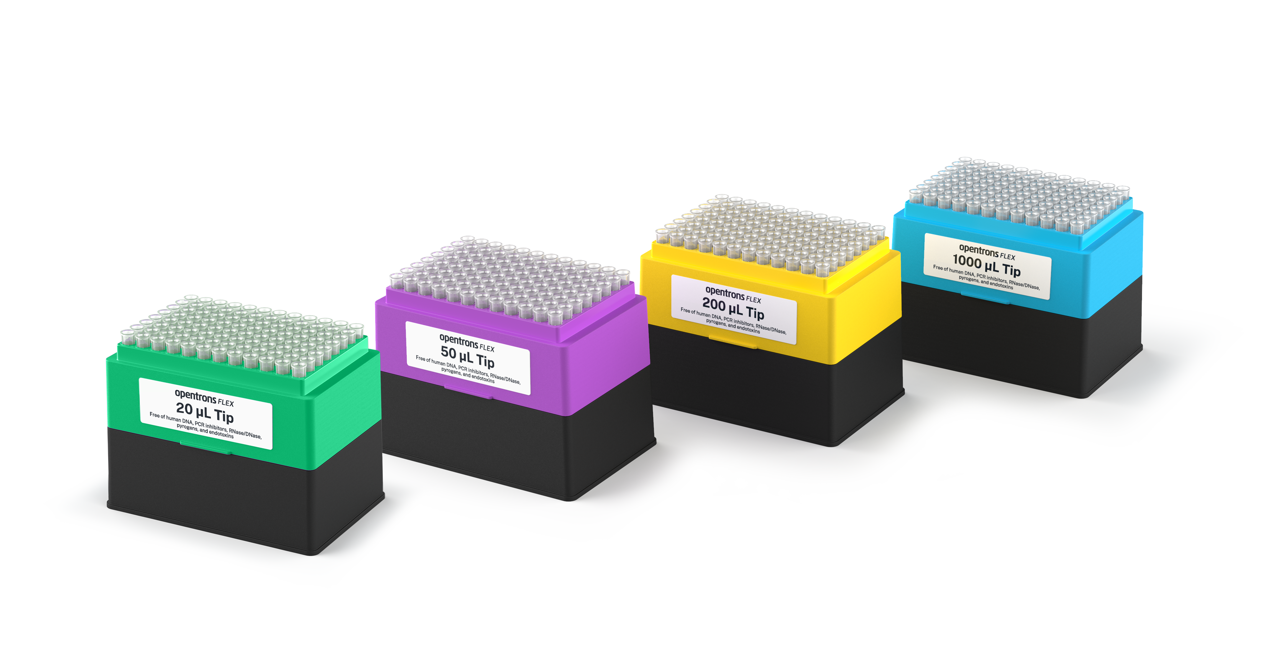 Flex 20 µL, 50 µL, 200 µL, and 1000 µL tip racks