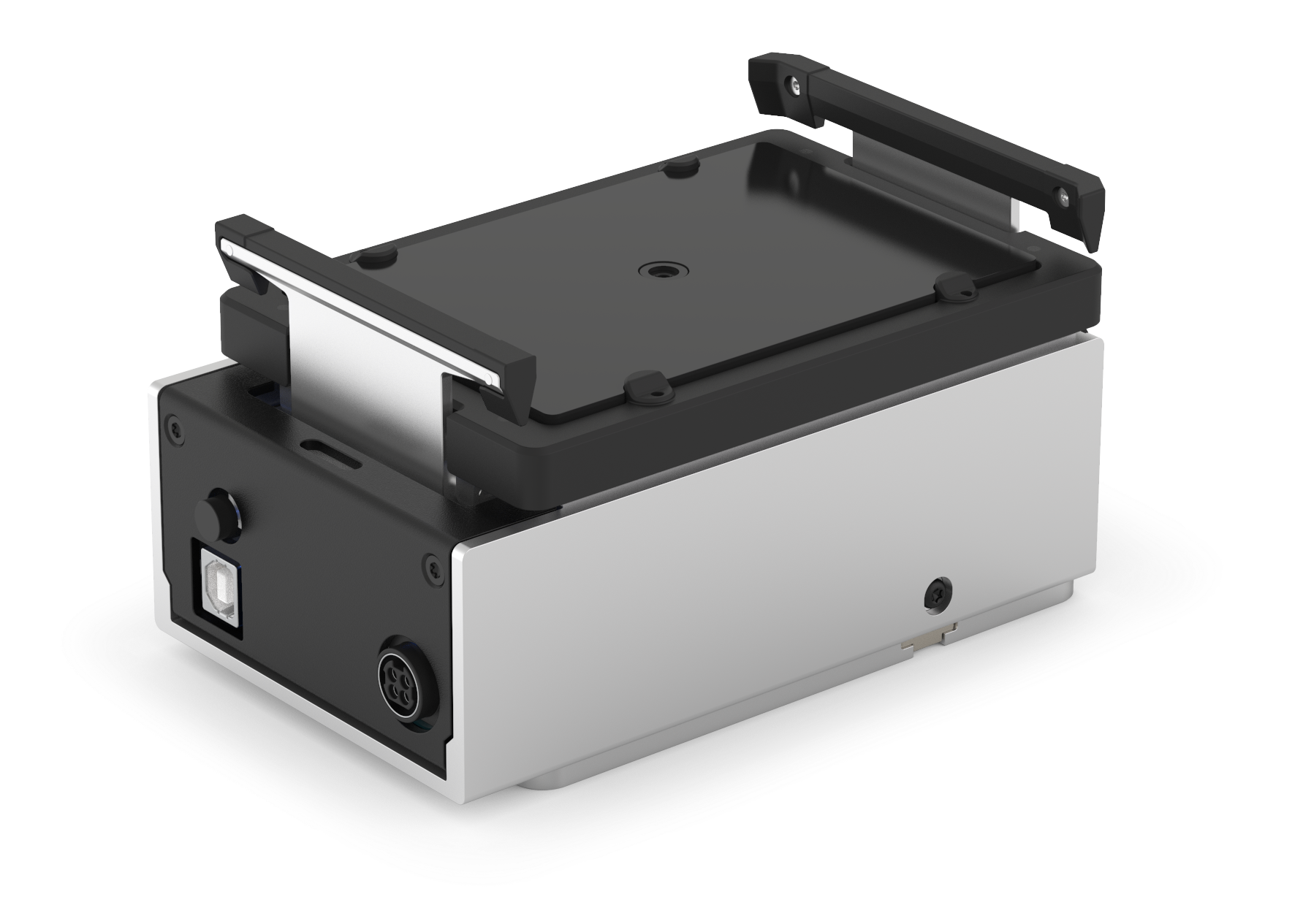 The Heater-Shaker module as seen from the front left. The top of the module has the heating and shaking platform and labware latch. The left side of the module has the power button, USB port, and power port.