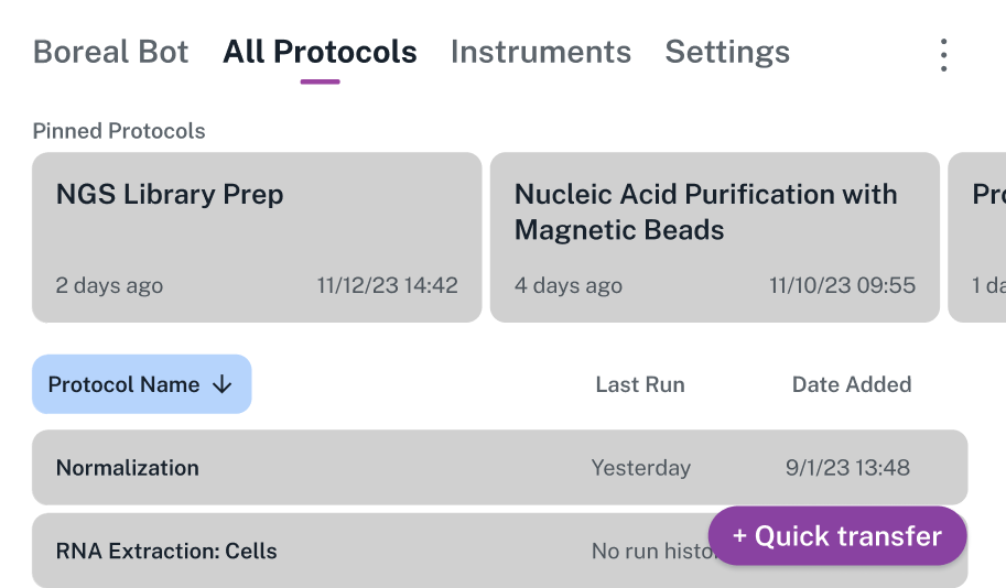 Protocols screen with purple button to add a quick transfer.