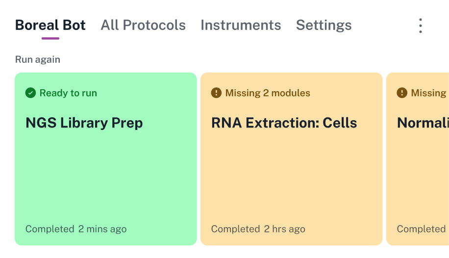 The robot dashboard, showing main navigation and recently run protocols.  