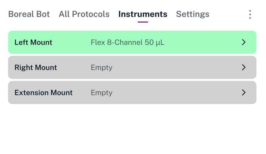 Instruments screen showing a Flex 8-Channel 50 µL pipette on the left mount. The right mount and extension mount are empty.