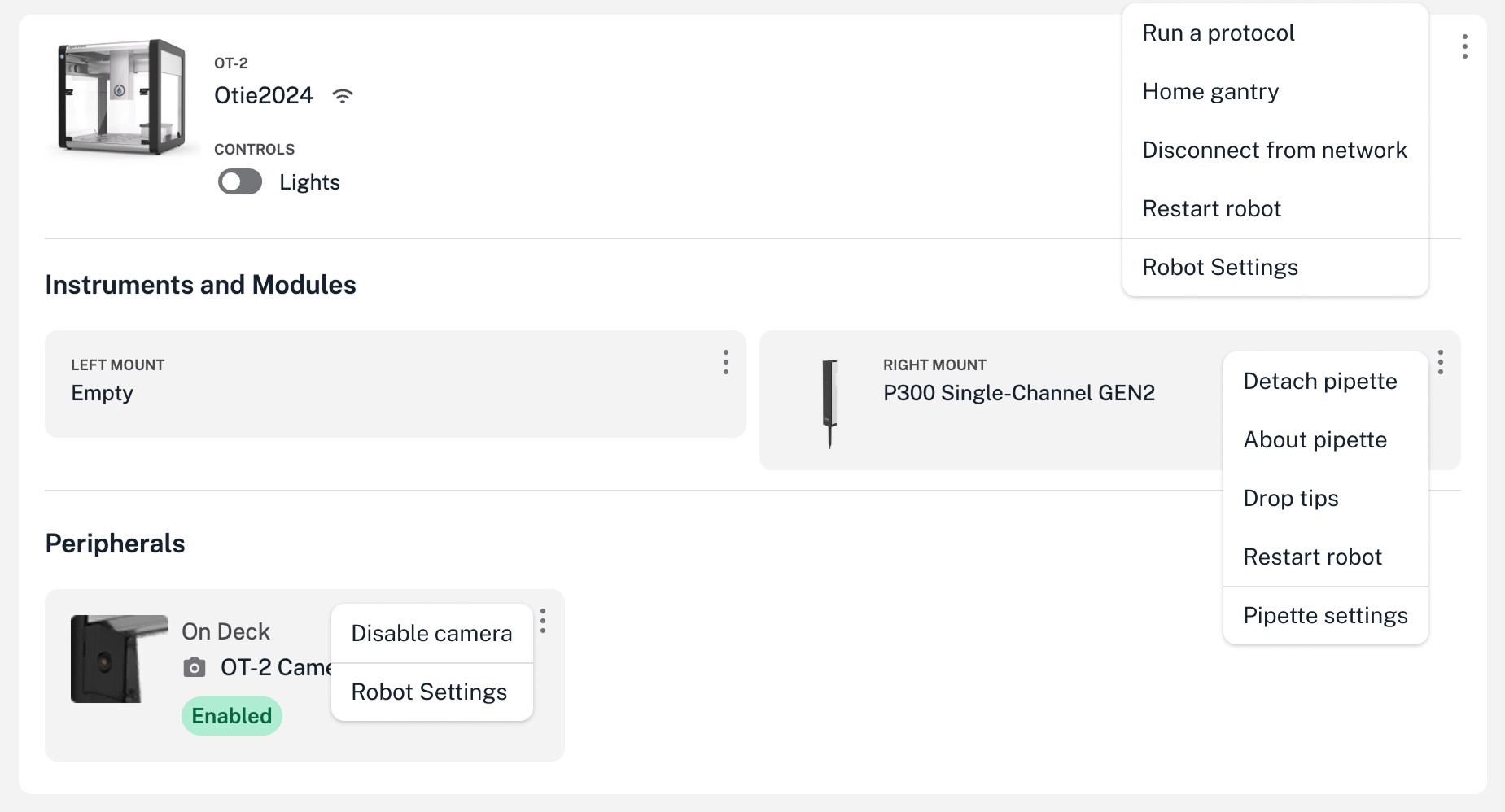 Device 3-dot menus for robot hardware controls