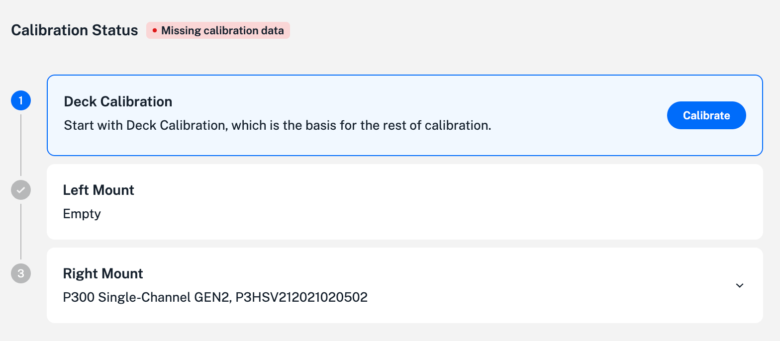 Calibration dashboard shows beginning calibration procedures