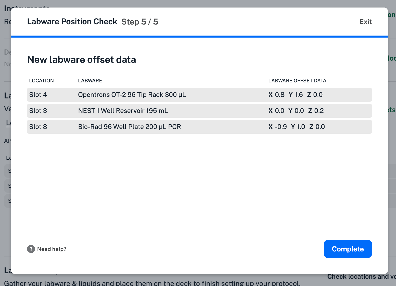 Confirmation screen for completing Labware Position Check