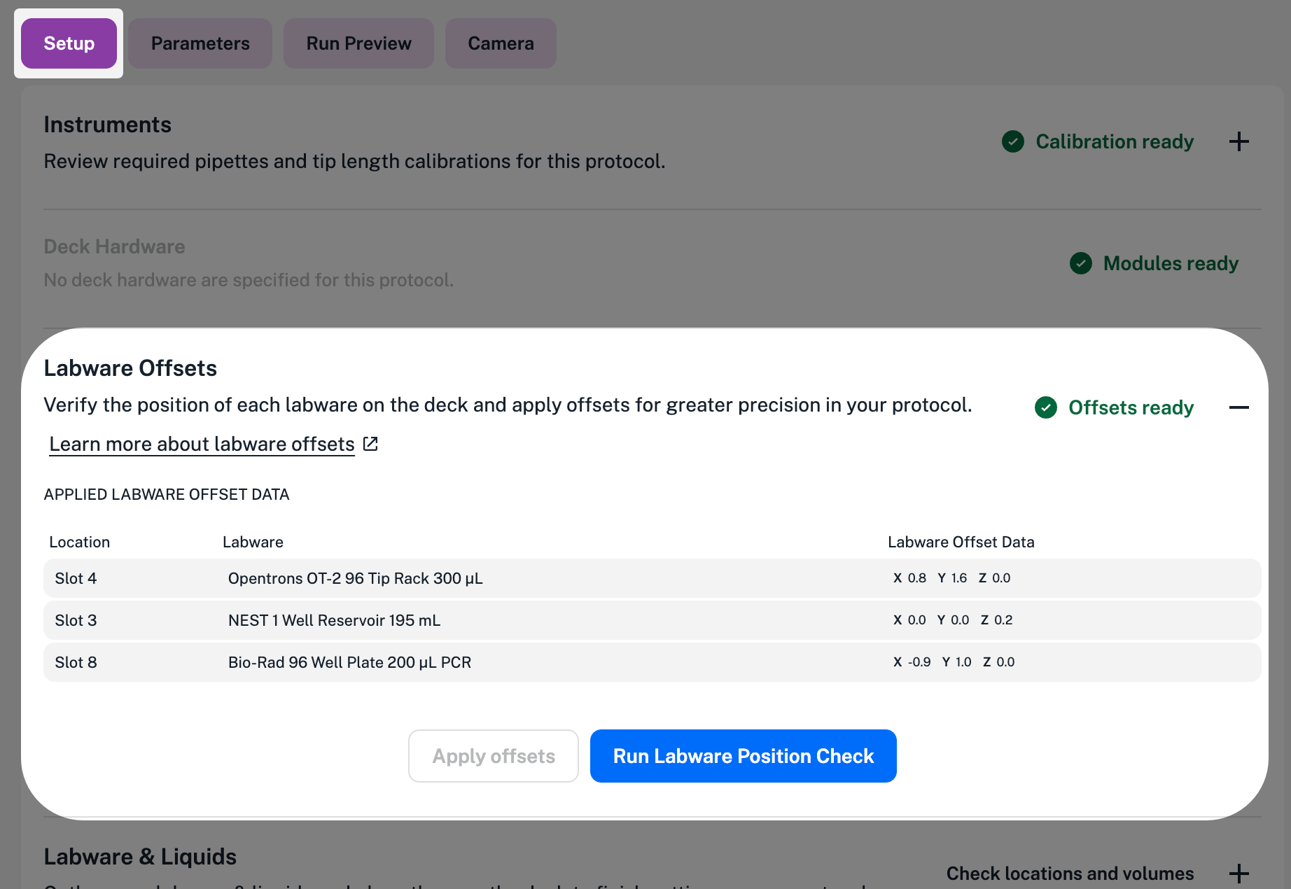 App showing offset data applied to the labware in a protocol