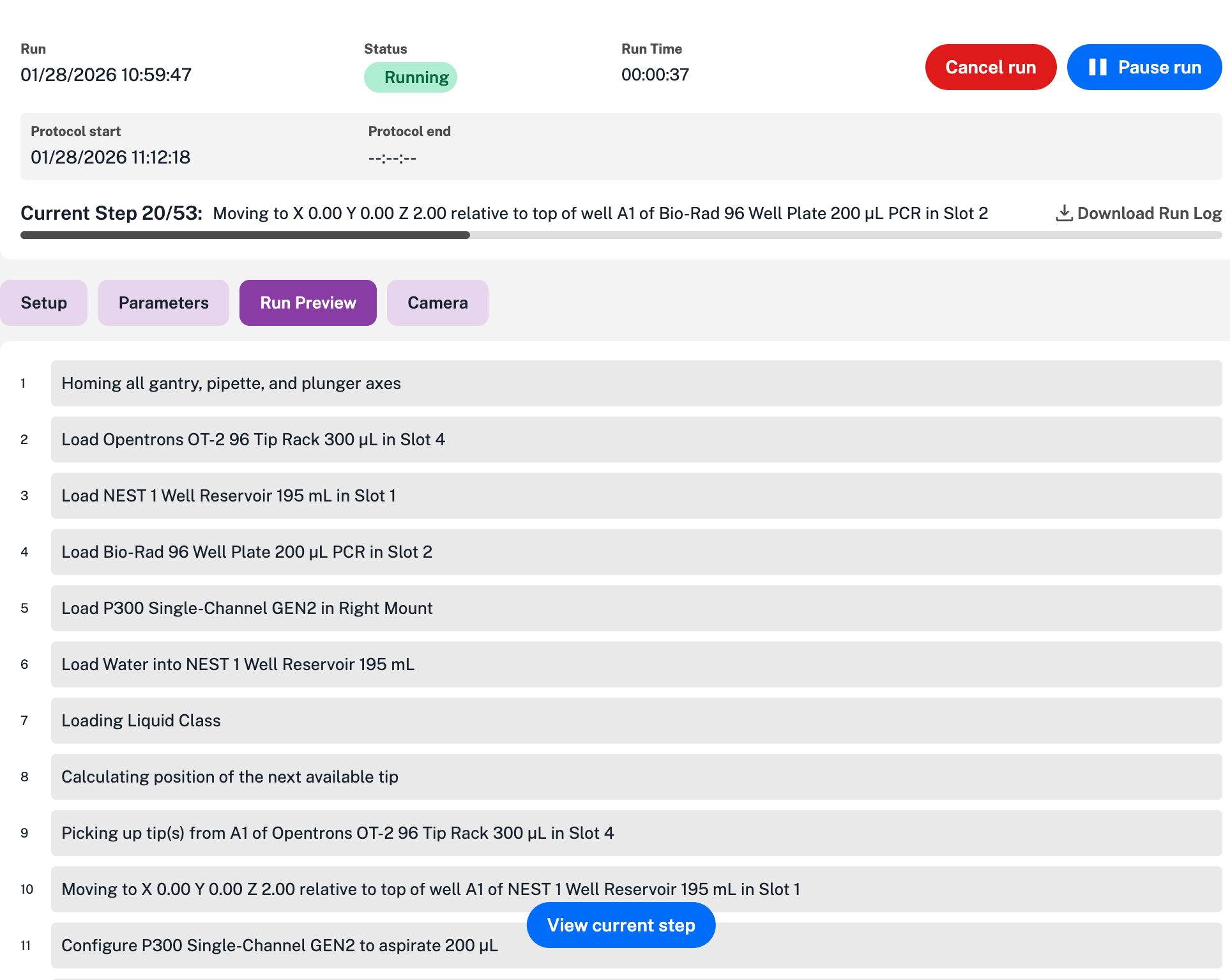Running protocol showing each step