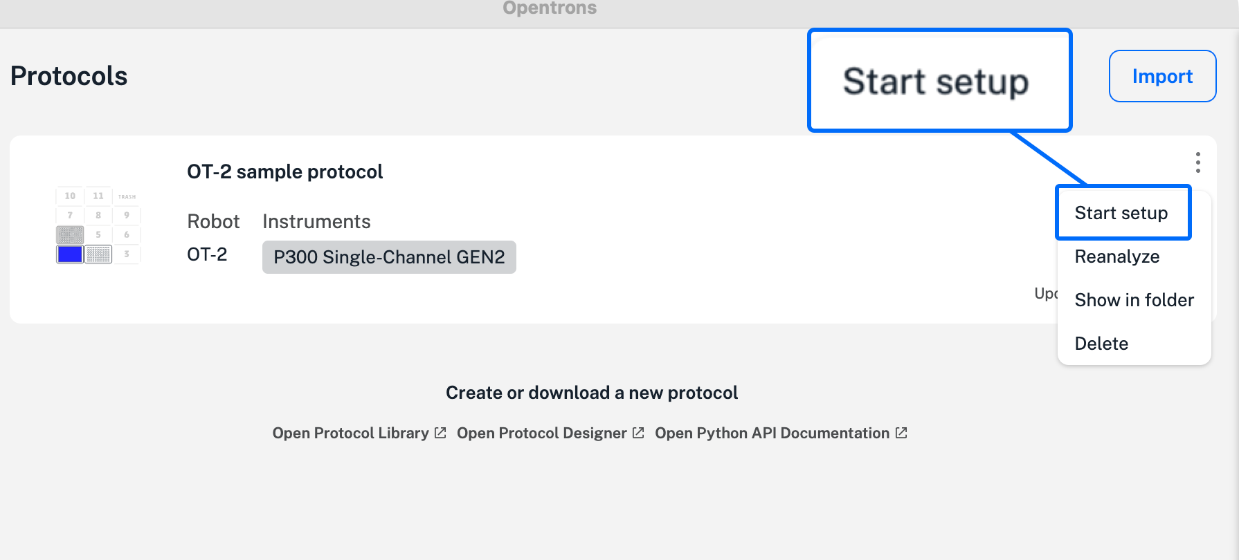 Start setup contextual menu
